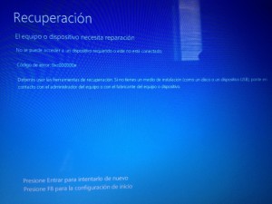 Error 0xc000000f: Recuperación El equipo o dispositivo necesita reparación No se puede acceder a un disopsitivo requerido o este no está conectado. Código de error: 0xc000000f Deberás usar las herramientas de recuperación. Si no tienes un medio de instalación (como un disco o un dispositivo USB), ponte en contacto con el administrador del equipo o con el fabricante del equipo o dispositivo. Presione Entrar para intentarlo de nuevo Presione F8 para la configuración de inicio Presione F9 para usar un sistema operativo distinto